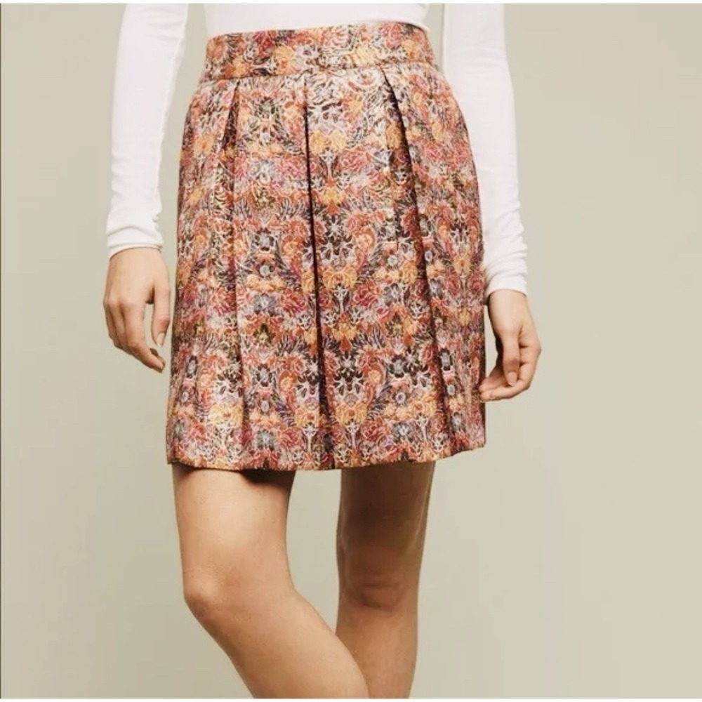 Anthropologie Maeve Rosie Floral Metallic Pleated Brocade Lined Skirt Size M